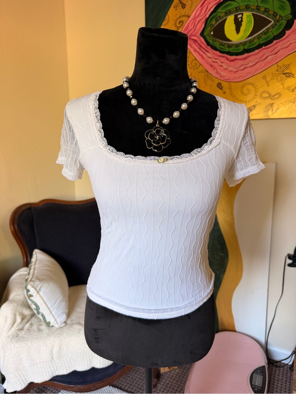 White Lace-Trim Scoop Neck Women’s Top